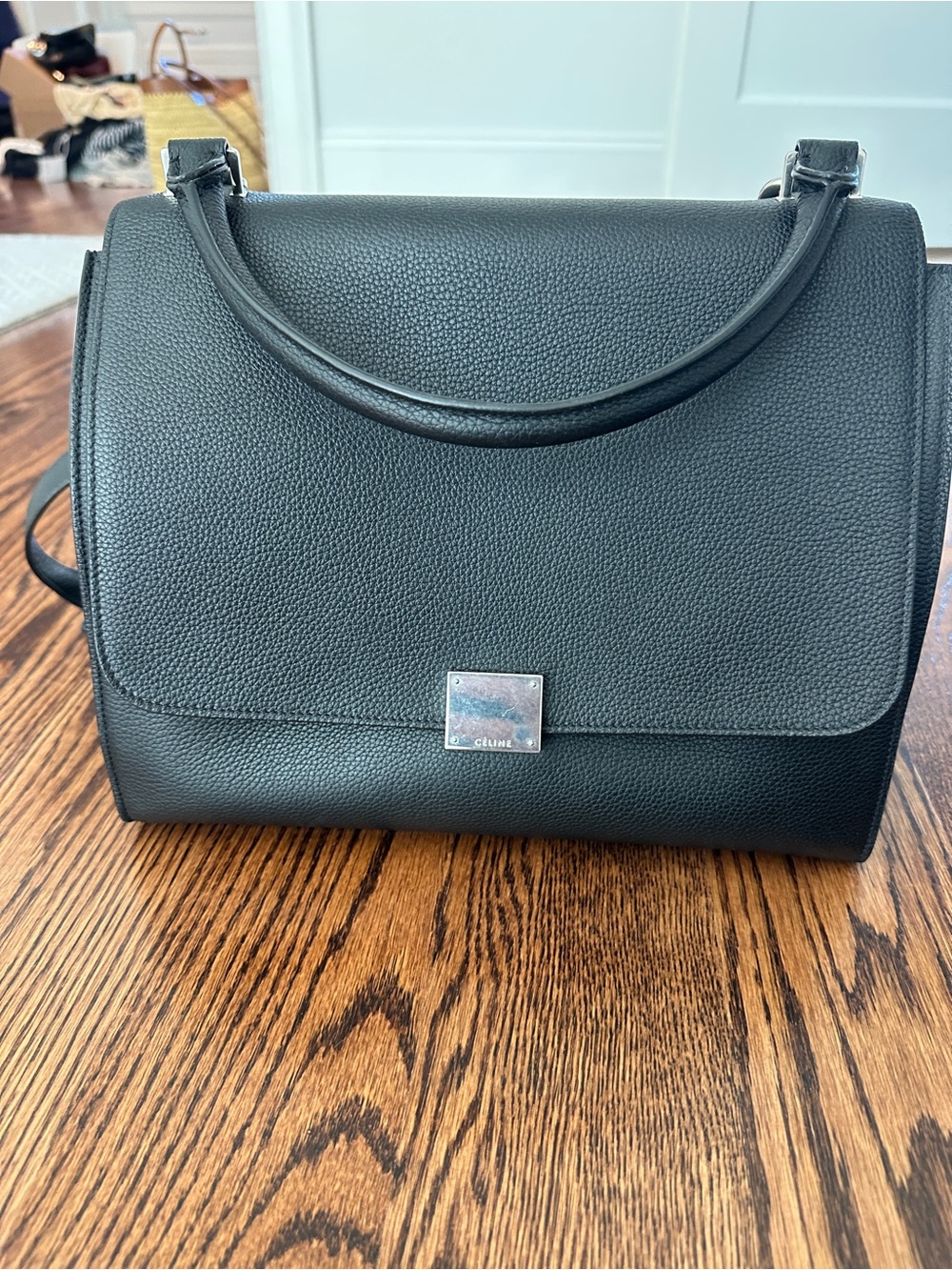 Like new Celine Black Pebbled Leather Shoulder Bag w Top Handle can be trapeze